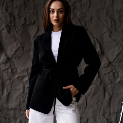Женский Черный Пиджак Жакет - Классический с Пояском