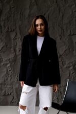 Женский Черный Пиджак Жакет - Классический с Пояском