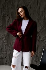 Женский Бордовый Пиджак Жакет - Классический с Пояском