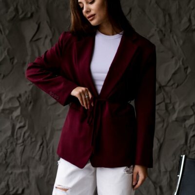 Женский Бордовый Пиджак Жакет - Классический с Пояском