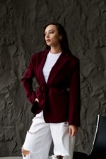 Женский Бордовый Пиджак Жакет - Классический с Пояском