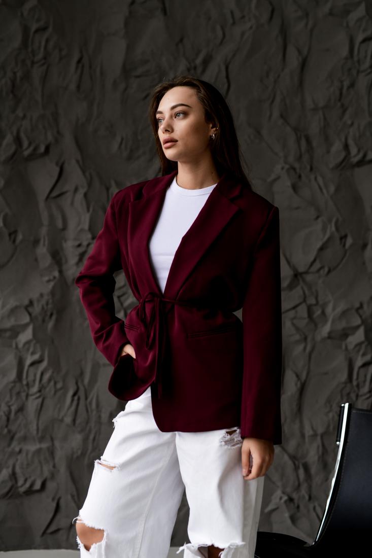 photo_2025-10-24_21-50-00 Женский Бордовый Пиджак Жакет - Классический с Пояском