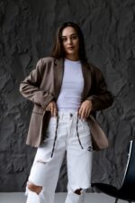 Женский Коричневый Пиджак Жакет - Классический с Пояском