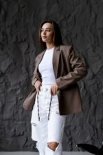 Женский Коричневый Пиджак Жакет - Классический с Пояском