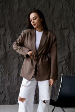 Женский Коричневый Пиджак Жакет - Классический с Пояском
