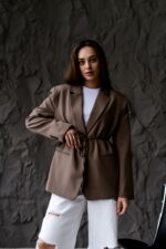 Женский Коричневый Пиджак Жакет - Классический с Пояском