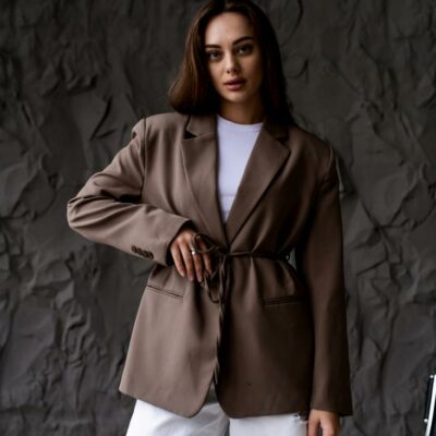 Женский Коричневый Пиджак Жакет - Классический с Пояском