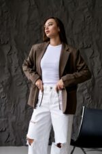 Женский Коричневый Пиджак Жакет - Классический с Пояском