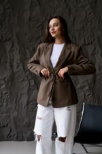 Женский Коричневый Пиджак Жакет - Классический с Пояском