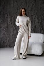 Женский Трикотажный Бежевый Костюм Оверсайз - Объемный Свитер + Широкие Штаны