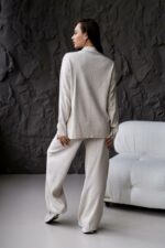 Женский Трикотажный Бежевый Костюм Оверсайз - Объемный Свитер + Широкие Штаны