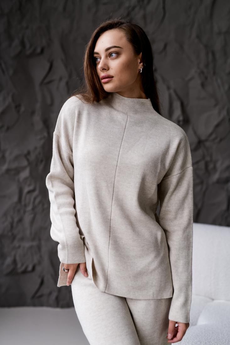 photo_2025-10-25_12-35-43 (2) Женский Трикотажный Бежевый Костюм Оверсайз - Объемный Свитер + Широкие Штаны