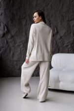 Женский Трикотажный Бежевый Костюм Оверсайз - Объемный Свитер + Широкие Штаны