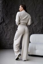 Женский Трикотажный Бежевый Костюм Оверсайз - Объемный Свитер + Широкие Штаны