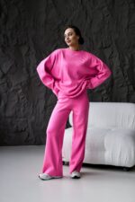 Женский Трикотажный Розовый Костюм Оверсайз - Объемный Свитер + Широкие Штаны