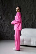 Женский Трикотажный Розовый Костюм Оверсайз - Объемный Свитер + Широкие Штаны