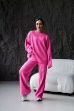 Женский Трикотажный Розовый Костюм Оверсайз - Объемный Свитер + Широкие Штаны