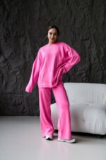 Женский Трикотажный Розовый Костюм Оверсайз - Объемный Свитер + Широкие Штаны