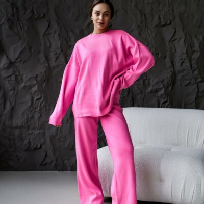 Женский Трикотажный Розовый Костюм Оверсайз - Объемный Свитер + Широкие Штаны