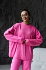 Женский Трикотажный Розовый Костюм Оверсайз - Объемный Свитер + Широкие Штаны