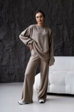 Женский Трикотажный Коричневый Костюм Оверсайз - Объемный Свитер + Широкие Штаны