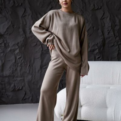 Женский Трикотажный Коричневый Костюм Оверсайз - Объемный Свитер + Широкие Штаны