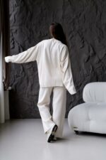 Женский Трикотажный Молочный Костюм Оверсайз - Объемный Свитер + Широкие Штаны