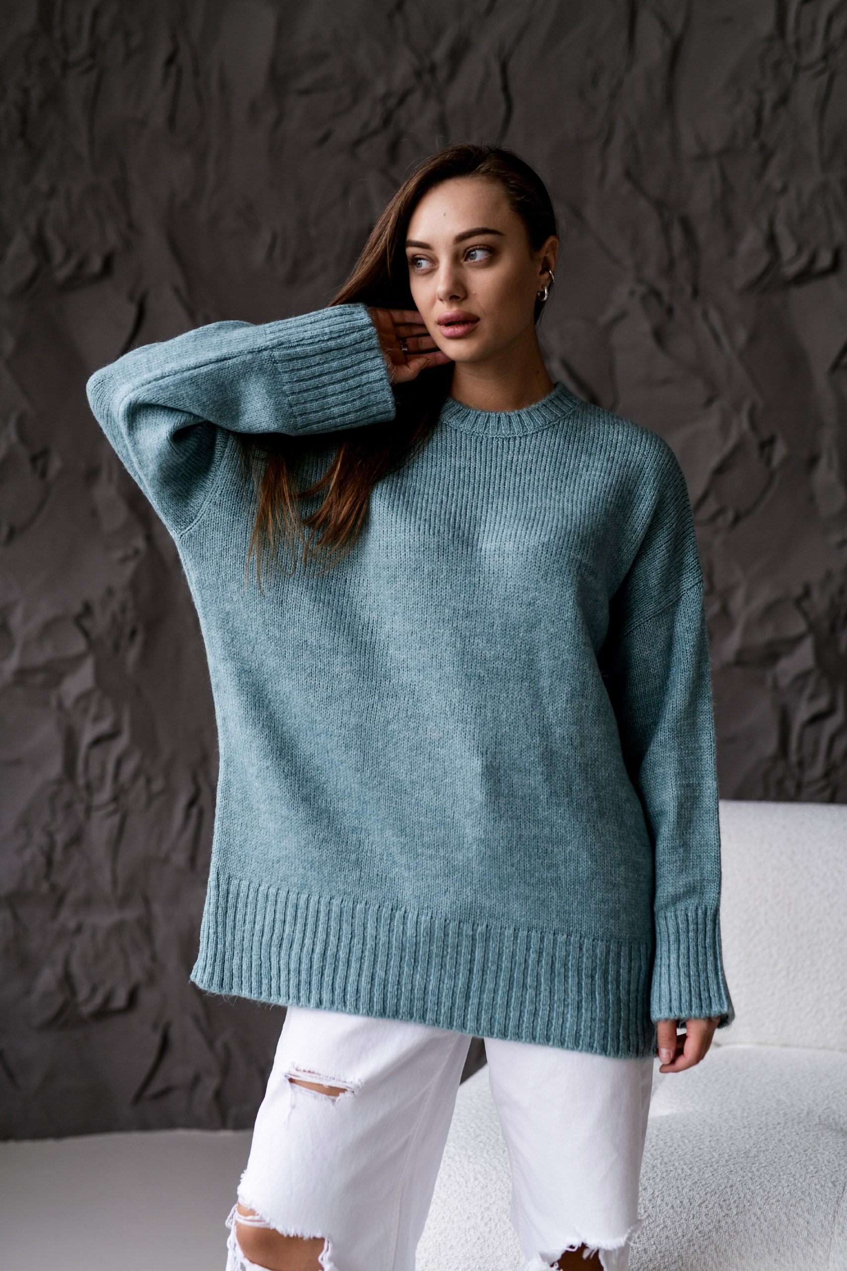 photo_2025-10-25_17-50-55 Женский Теплый Объемный Мятный Свитер Свободного Кроя