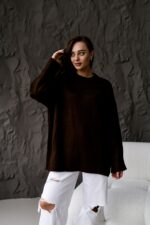 Женский Теплый Объемный Коричневый Свитер Свободного Кроя