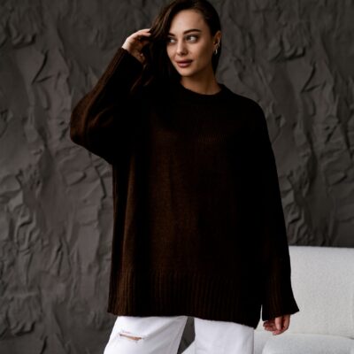 Женский Теплый Объемный Коричневый Свитер Свободного Кроя
