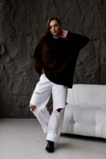 Женский Теплый Объемный Коричневый Свитер Свободного Кроя