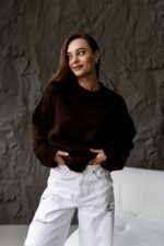 Женский Теплый Объемный Коричневый Свитер Свободного Кроя