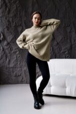 Женский Бежевый Объемный Молочный Свитер Свободного Кроя