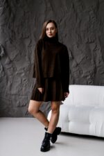 Женский Теплый Коричневый Костюм Двойка (Свитер + Юбка)