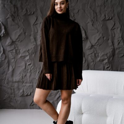Женский Теплый Коричневый Костюм Двойка (Свитер + Юбка)