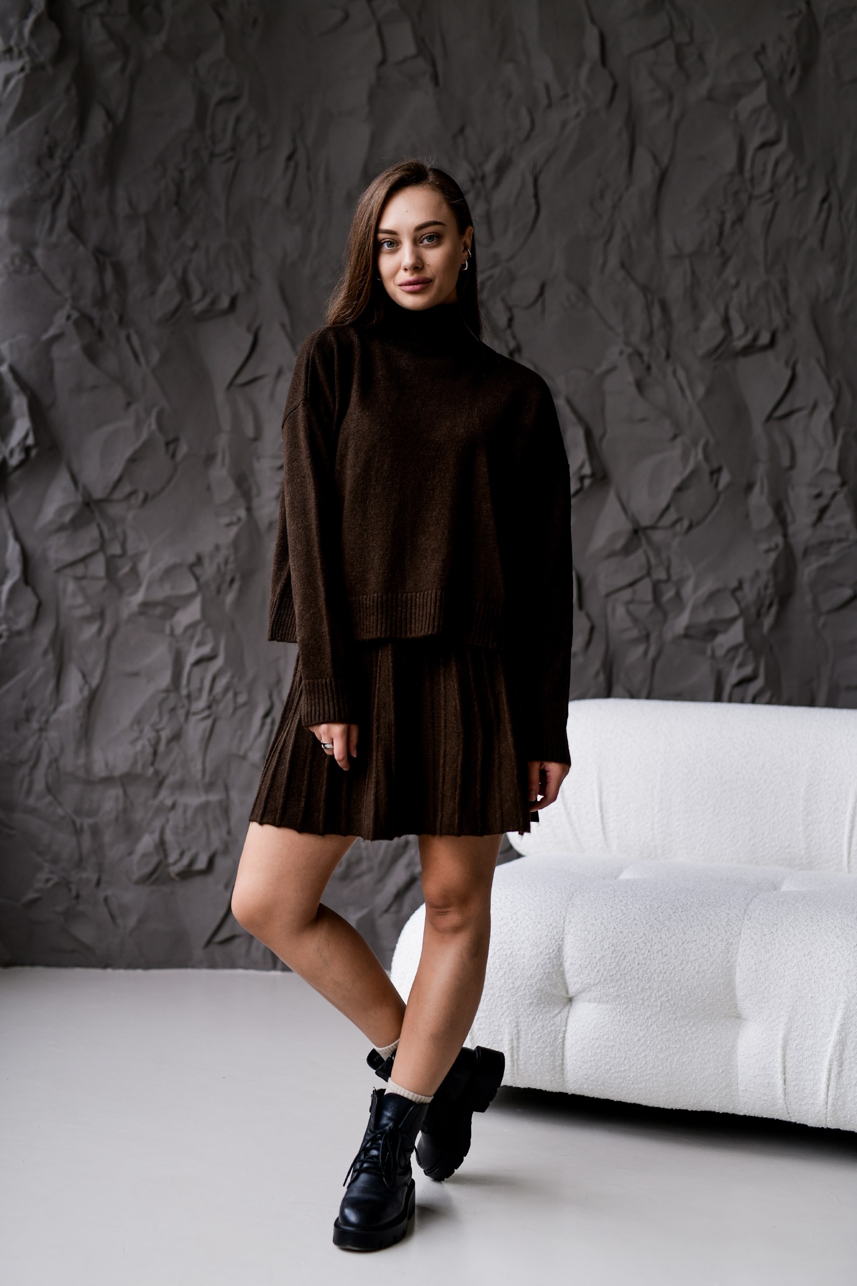 photo_2025-10-25_18-05-25 Женский Теплый Коричневый Костюм Двойка (Свитер + Юбка)