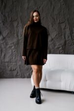 Женский Теплый Коричневый Костюм Двойка (Свитер + Юбка)