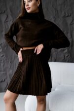 Женский Теплый Коричневый Костюм Двойка (Свитер + Юбка)