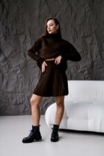 Женский Теплый Коричневый Костюм Двойка (Свитер + Юбка)