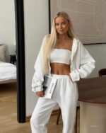 Женский Базовый Белый Спортивный Костюм Оверсайз - Зип Худи + Широкие Штаны