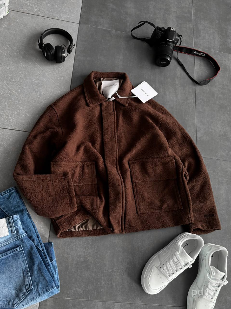 photo_2025-10-26_20-19-05 Мужской Коричневый Бомбер Свободного Кроя на Молнии - Текстурированный на Подкладке