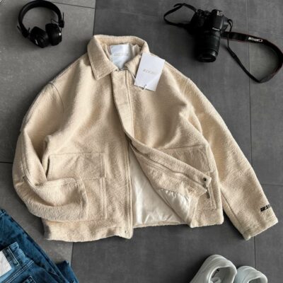 Мужской Молочный Бомбер Свободного Кроя на Молнии - Текстурированный на Подкладке