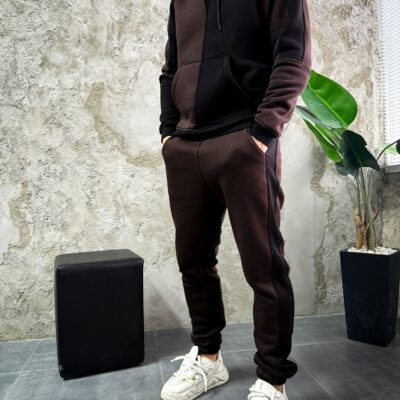 Мужской Черно-Коричневый Костюм Худи Джоггеры - Утепленный на Флисе