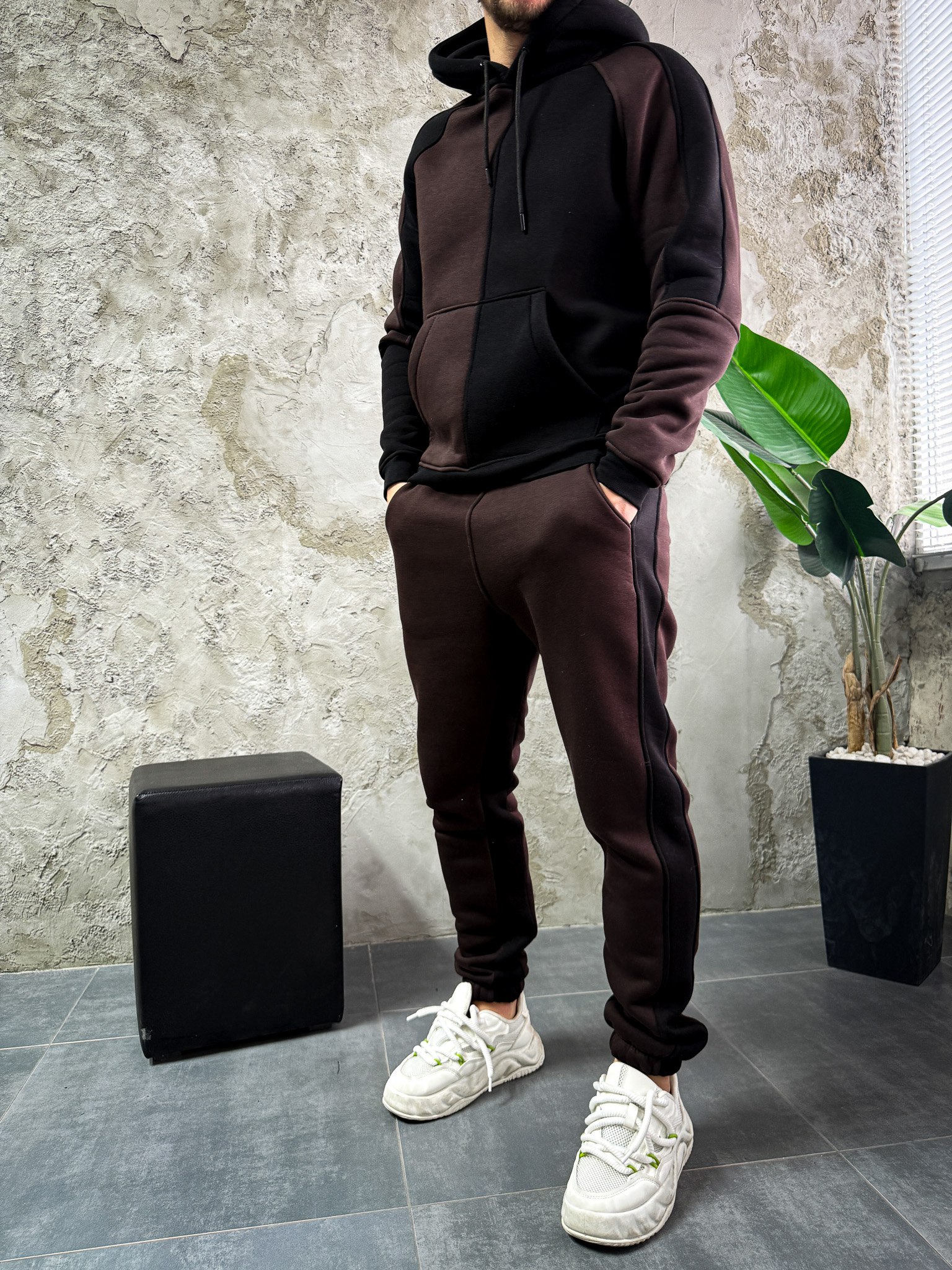 photo_2025-10-26_20-33-42 Мужской Черно-Коричневый Костюм Худи Джоггеры - Утепленный на Флисе