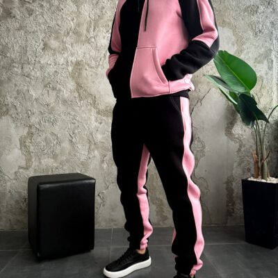 Мужской Черно-Розовый Костюм Худи Джоггеры - Утепленный на Флисе