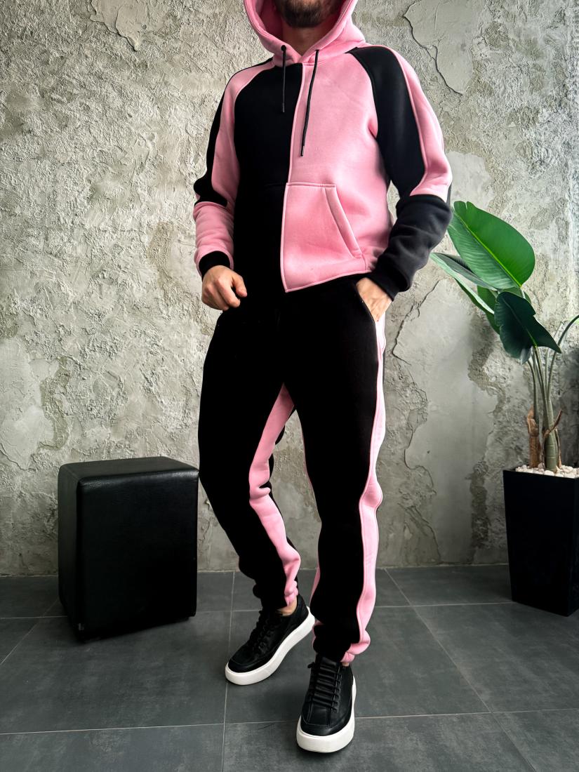 photo_2025-10-26_20-33-50 Мужской Черно-Розовый Костюм Худи Джоггеры - Утепленный на Флисе