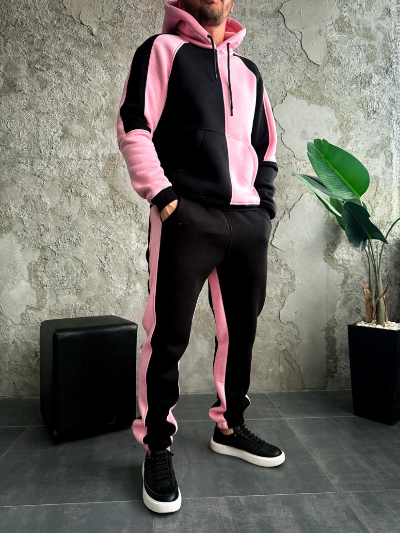 photo_2025-10-26_20-33-52 Мужской Черно-Розовый Костюм Худи Джоггеры - Утепленный на Флисе
