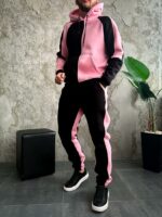 Мужской Черно-Розовый Костюм Худи Джоггеры - Утепленный на Флисе