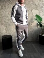 Мужской Серо-Белый Костюм Худи Джоггеры - Утепленный на Флисе