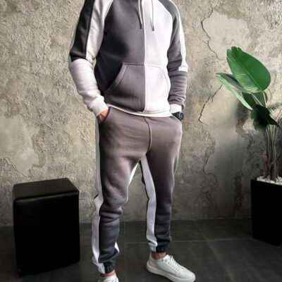 Мужской Серо-Белый Костюм Худи Джоггеры - Утепленный на Флисе